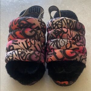 UGG Kids Graffiti Slide Sandals - Black and Pink